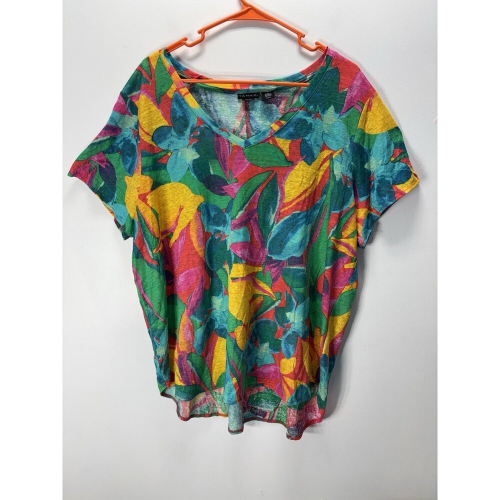Tahari Women’sShirt/top  Tropical Linen Basic Everyday Resort Vacation Tee Sz 2X